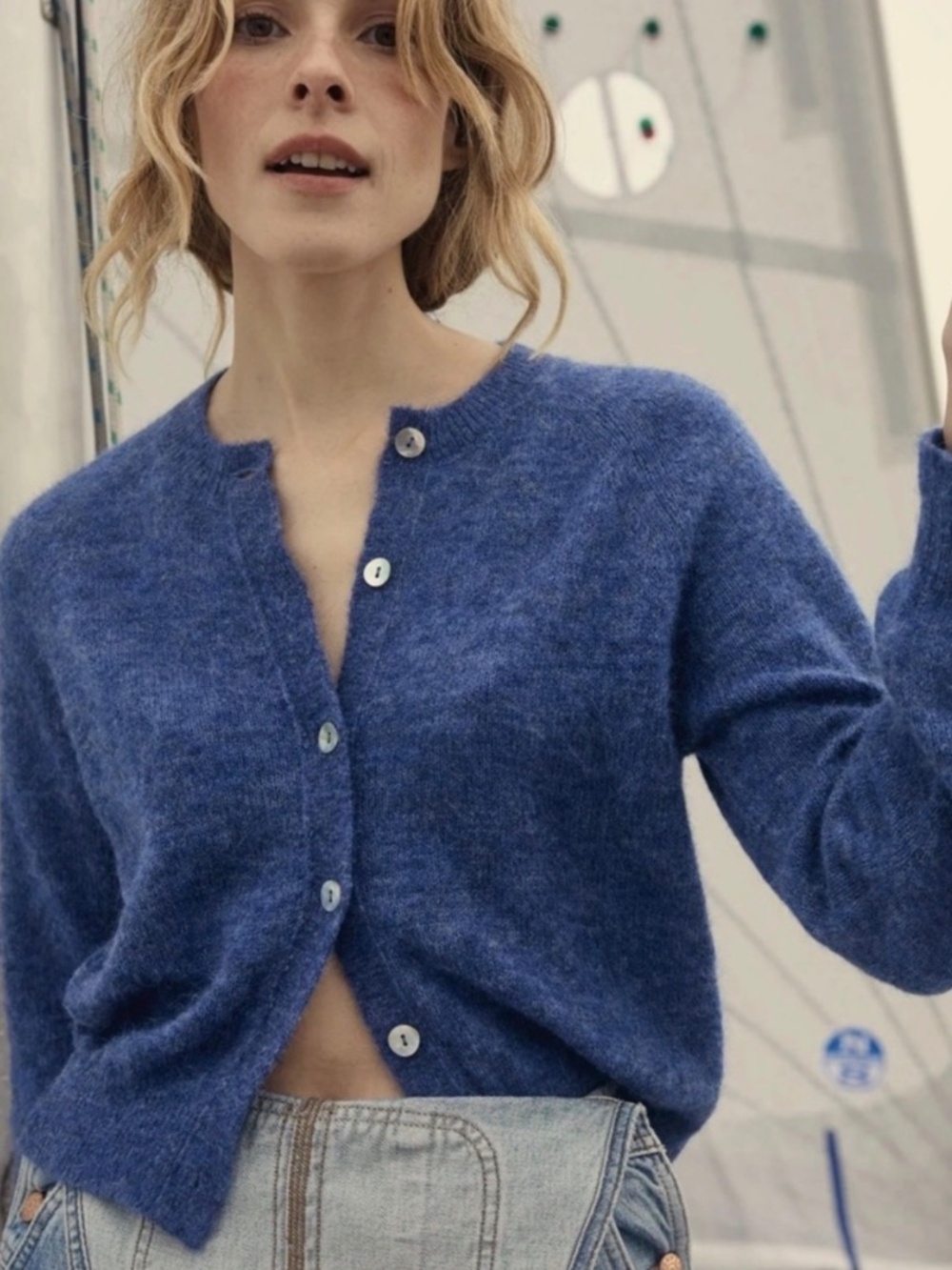 DÔEN Petra Cardigan Blue Alpaca Wool Blend Sweater Size M